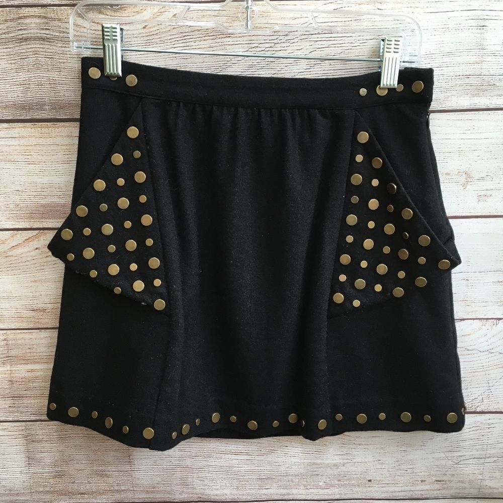 JAMISON BLACK WOOL BLEND SKIRT WITH GOLD‎ NAILHEADS